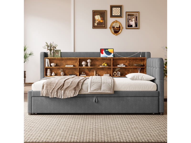  Lit banquette 90x200 extensible 180x200 avec ports usbtype c et rangements - lin gris  - Conforama B