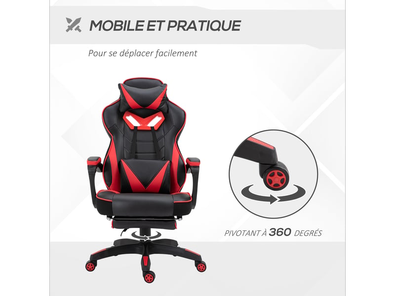  Chaise gaming ergonomique, fauteuil de bureau confortable avec repose-pied, appuie-tête et coussin lombaire, hauteur réglable, noir et rouge  - Conforama R