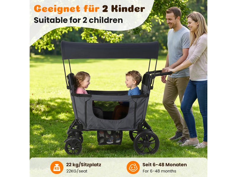  Chariot enfant pliable gris foncé 2 places avec siège convertible en lit, toit pare-soleil, plateau, harnais 5 points et freins  - Conforama B