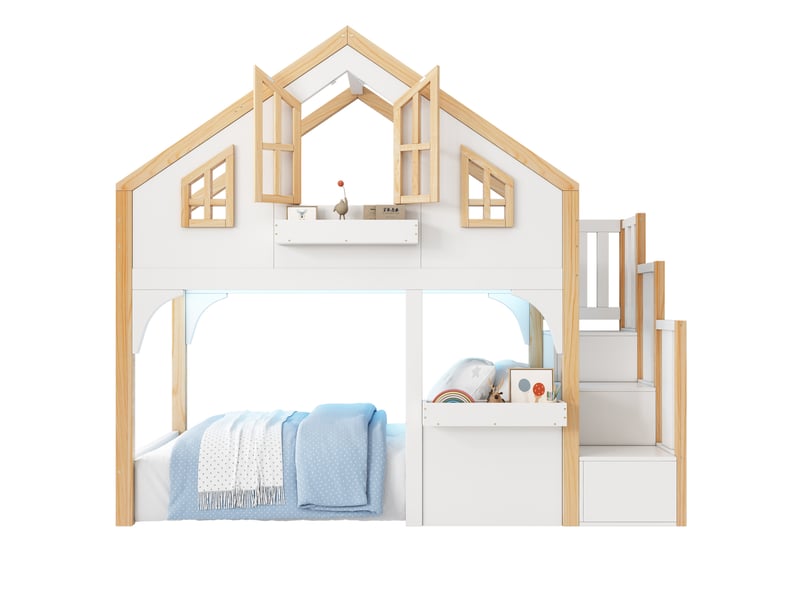  Lit superposé enfant maison blanc et bois naturel 90 x 200 cm avec led et escalier de rangement  - Conforama A