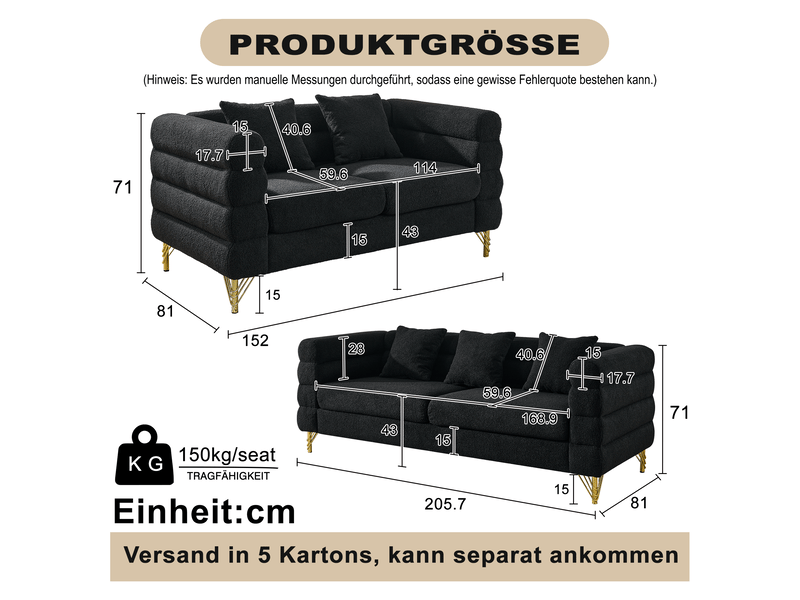  Canapé nuage noir en tissu bouclette, 205,7 x 81 x 71 cm, pieds en métal doré, coussins décoratifs, dossier ondulé  - Conforama C