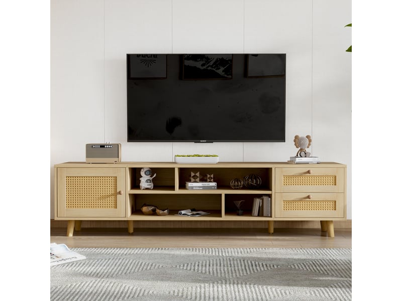  Meuble tv rotin 160 cm pour 70 pouces avec 2 tiroirs et 1 porte, chêne  - Conforama C