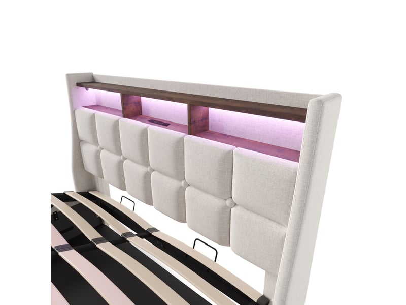  Lit coffre,160x200 cm,avec led et usb,lin,beige  - Conforama E