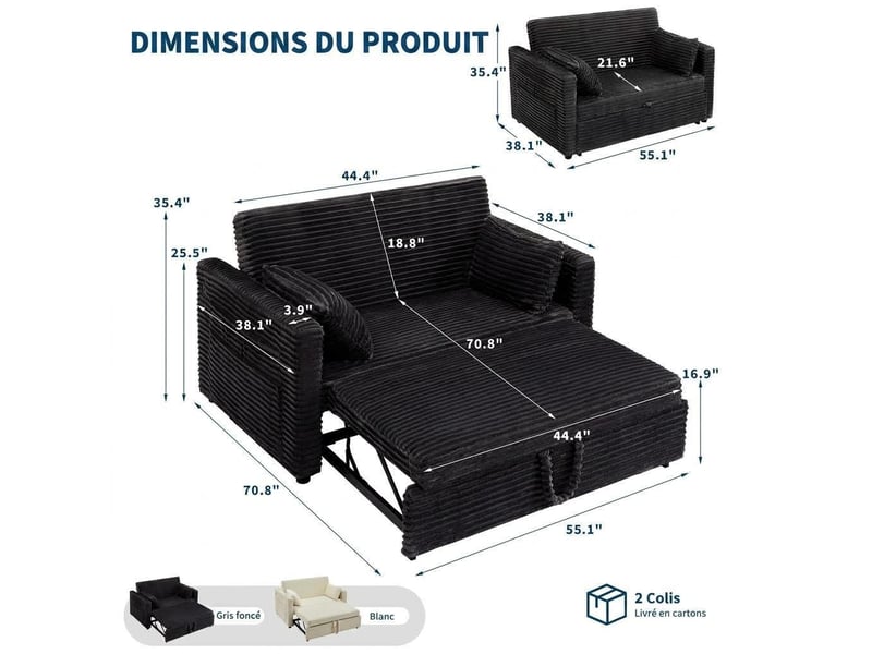  Canapé-lit convertible à tirer avec dossier réglable – gris foncé PHK_35XROBPA - Conforama D