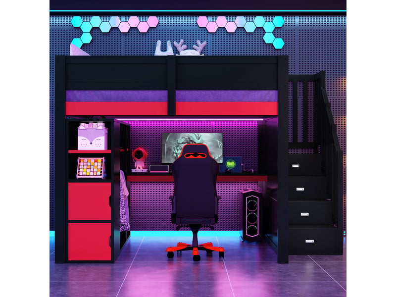  Lit surélevé en bois 140x200 cm avec bureau, rangements, led usb et escalier noir - noir et rouge  - Conforama D
