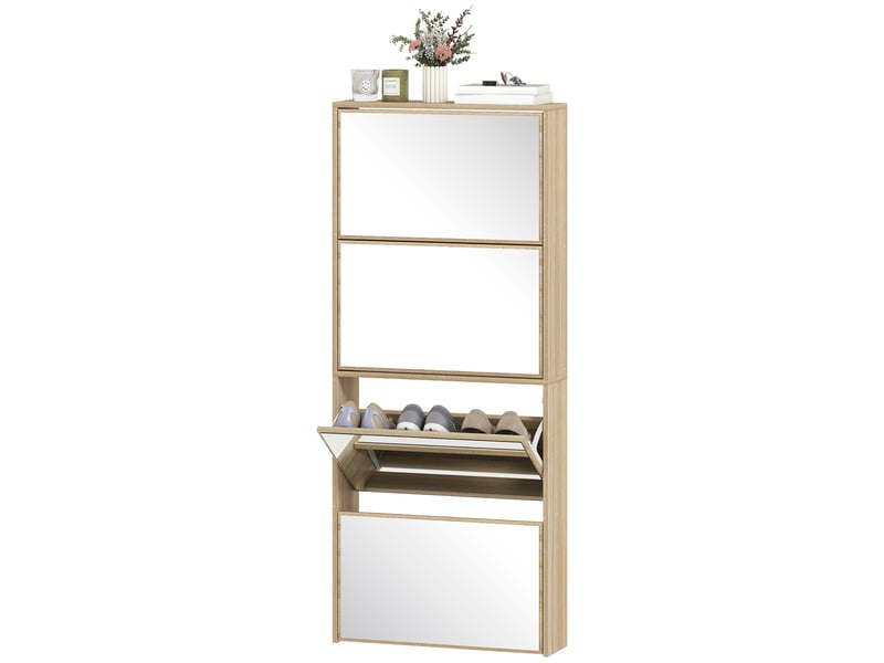  Meuble à chaussures étroit avec miroir et 4 portes battantes pour 12 paires de chaussures, 63 x 17 x 146 cm, naturel  - Conforama B