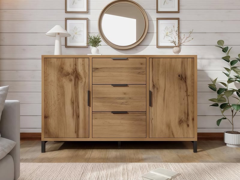  Commode à 3 tiroirs et 2 portes, 120 x 40 x 76 cm, étagères réglables et poignées métal, effet chêne foncé  - Conforama B