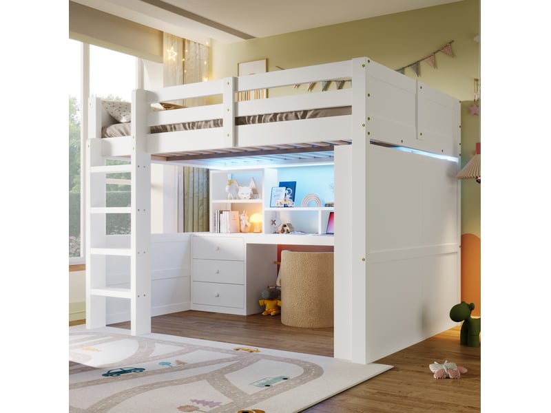 Lit mezzanine enfant 140x200 cm avec bureau, armoire, led et rangements blanc - Conforama E