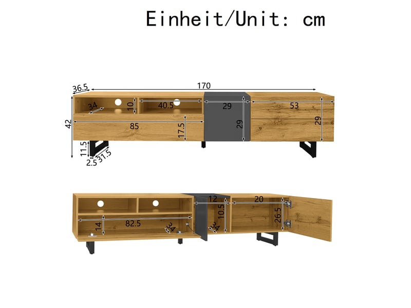  Meuble tv 170 cm à 3 portes et 2 niches, panneaux mélaminés, décor bois gris foncé  - Conforama C