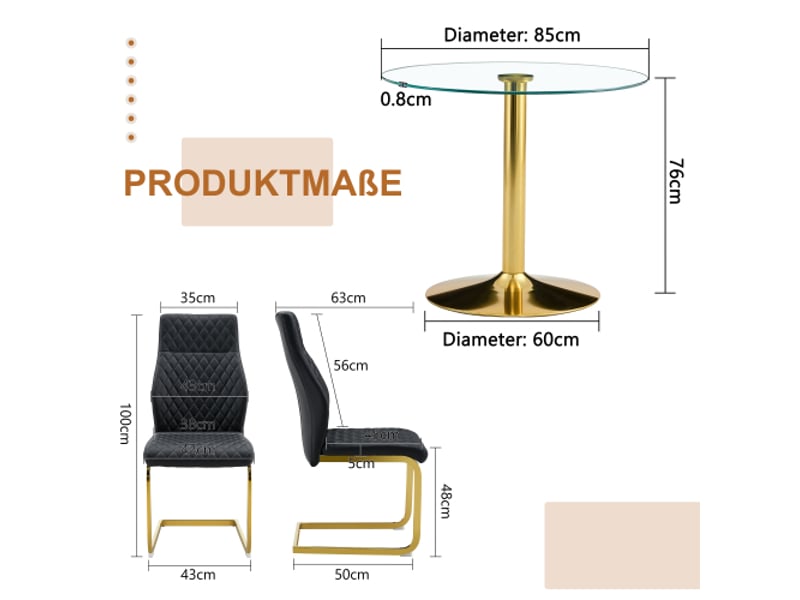 Table ronde en verre trempé ø85 cm, socle doré, 4 chaises noires et dorées - Conforama C