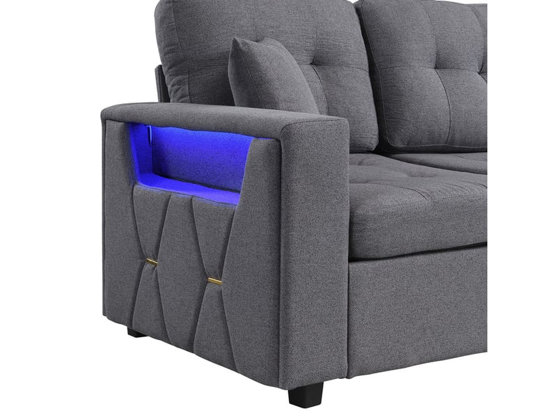  Canapé d'angle en l ,4 places, avec éclairage d'ambiance led,  rangement à deux niveaux, 253 x 144 x 80cm,gris  - Conforama E