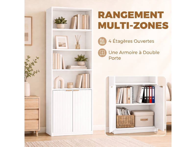  Bibliothèque 6 niveaux avec 4 niches et 2 portes mdf blanc 60 x 24 x 182 cm  - Conforama D