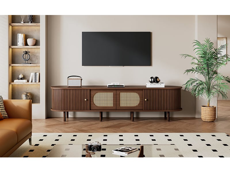 Meuble tv 180x40x40 cm en noyer foncé, 2 portes battantes, rotin, 2 portes coulissantes, meuble bas, mdf, meuble tele - Conforama W