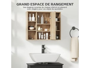 Meuble salle de bain avec miroir, 60 x 14,5 x 49,4 cm, placard à portes et 6 compartiments ouverts, bois naturel