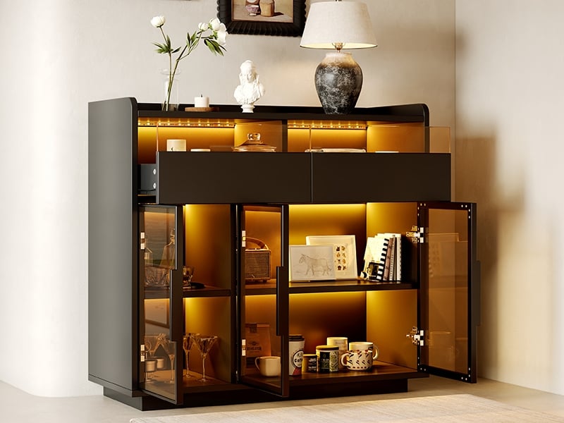 Vitrine noire à led multicolore avec verre de sécurité teinté, 2 tiroirs, en mdf, 100 × 40 × 91,5 cm, pour salon  - Conforama B