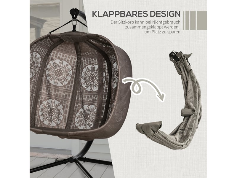  Fauteuil suspendu 2 personnes avec support en acier, pliable, coussin, motif floral, beige sable  - Conforama D