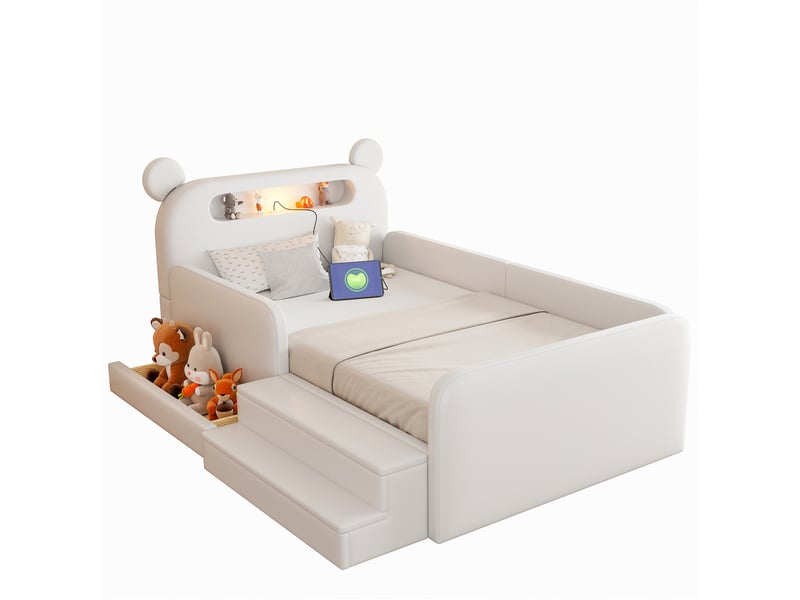  Lit enfant 90 x 200 cm blanc avec tête de lit ours, veilleuse, port usb et rangement  - Conforama A