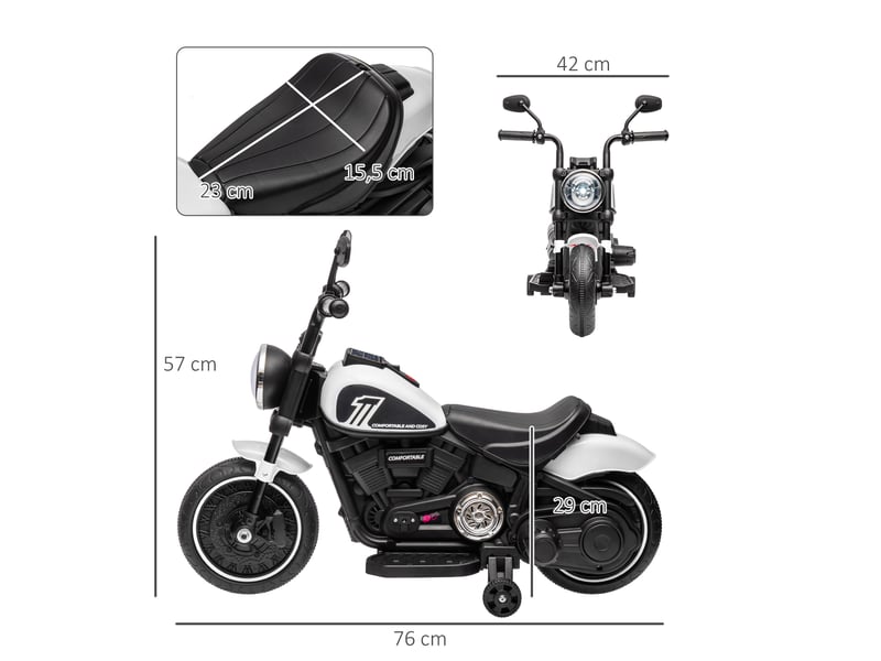 Moto électrique pour enfants, phares led, stabilisateurs amovibles, selle confortable, rougenoir - Conforama E