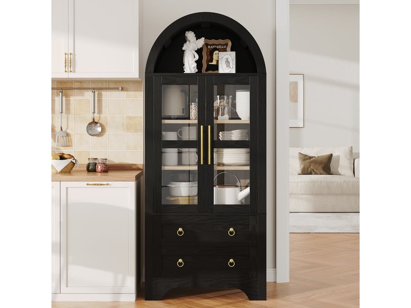  Buffet haut noir avec portes vitrées, étagères réglables, tiroirs et rangement  - Conforama B