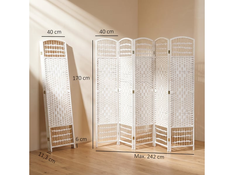  Paravent en bois 242 x 170 cm séparateur de pièce pliable 6 panneaux cloison de séparation chambre à coucher intérieur maison blanc  - Conforama C