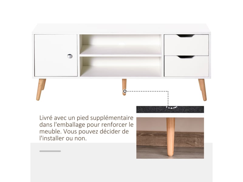  Meuble tv banc tv style scandinave placard 2 niches 2 tiroirs passe-fils panneaux particules blanc pin bois  - Conforama E
