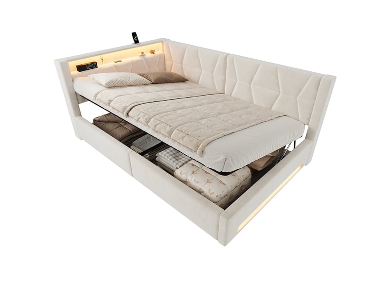  Lit banquette hydraulique 140x200 cm, led, usb-c, lit coffre rembourré, lit simple, éclairage tête et pied, velours, beige Seren Glow - Conforama A