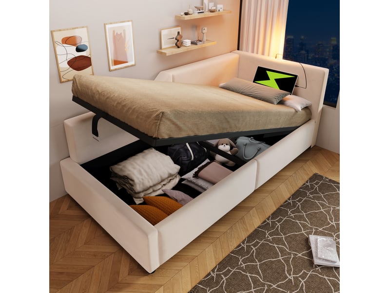  Lit banquette 90x190 cm avec rangement hydraulique, lampe de lecture, usb-c, velours beige sans matelas  - Conforama D