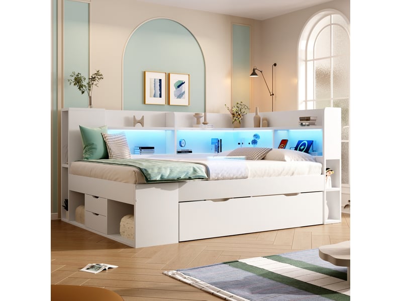  Lit de jour 140 x 200 cm blanc avec rangement, led, ports usb et type-c  - Conforama C