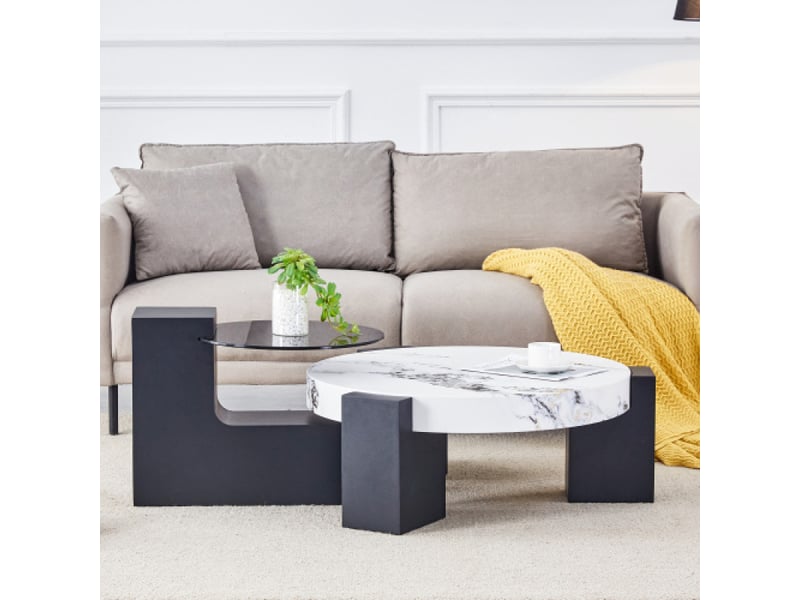  Table basse moderne ronde moderne à 2 niveaux | plateau verre gris transparent, structure l en mdf noir et effet marbre blanc  - Conforama C