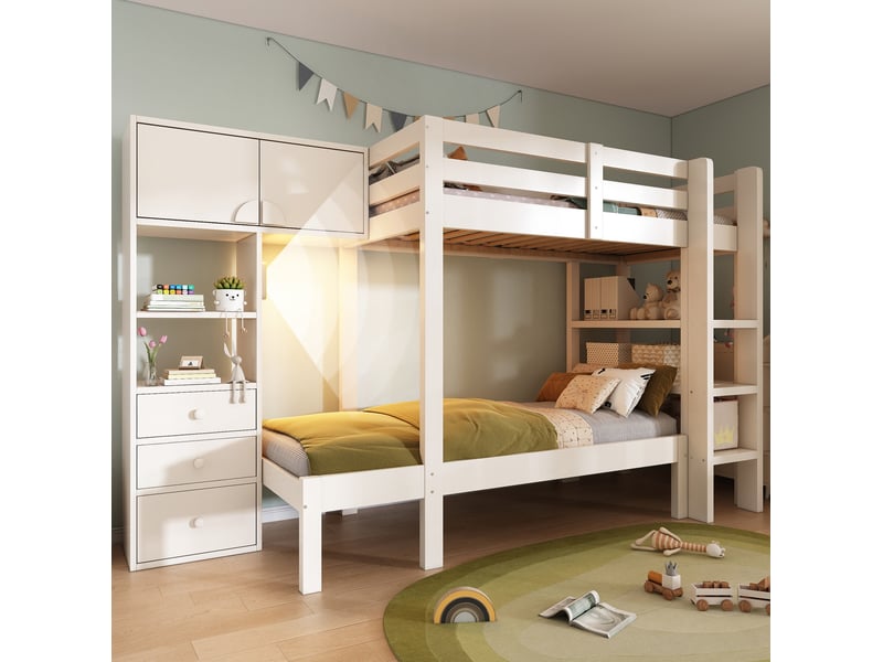  Lit superposé décalé 90x200 cm avec rangements, tiroirs et veilleuse led, blanc  - Conforama B