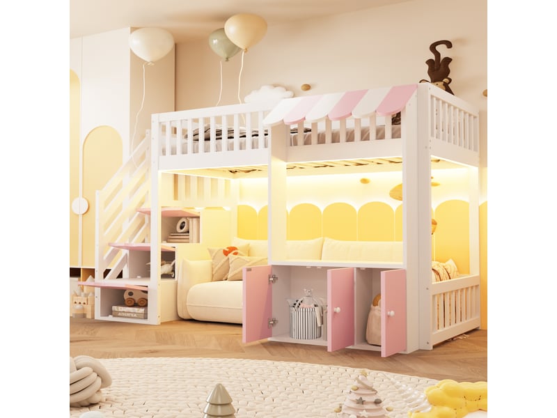  Lit surélevé en bois 90×200 cm rose et blanc pour enfant, placard, escalier de rangement et éclairage led  - Conforama D