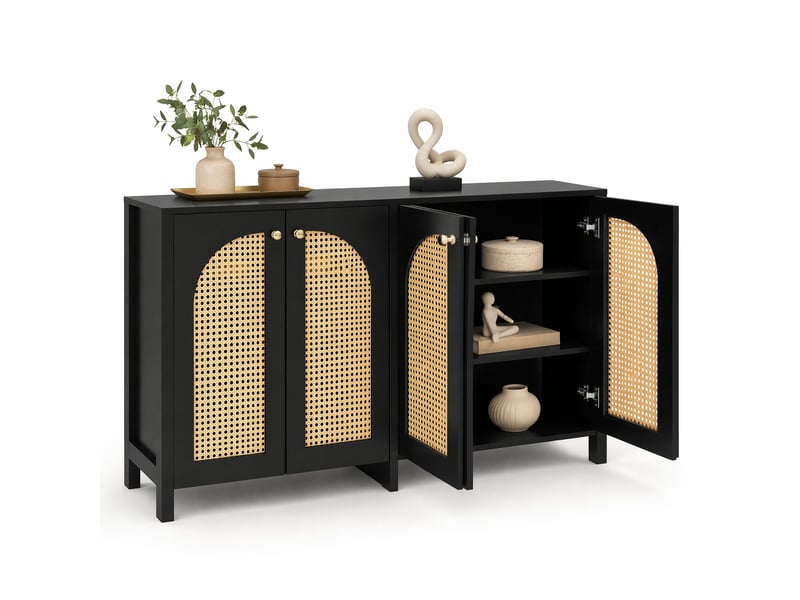 Buffet bas 4 portes noir en mdf, aggloméré et rotin synthétique, style moderne - Conforama A