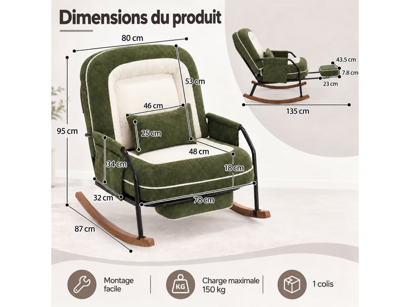  Fauteuil à bascule moderne avec dossier inclinable 100°-160°, repose-pieds escamotable, coussin en fausse fourrure de lapin,vert  - Conforama E
