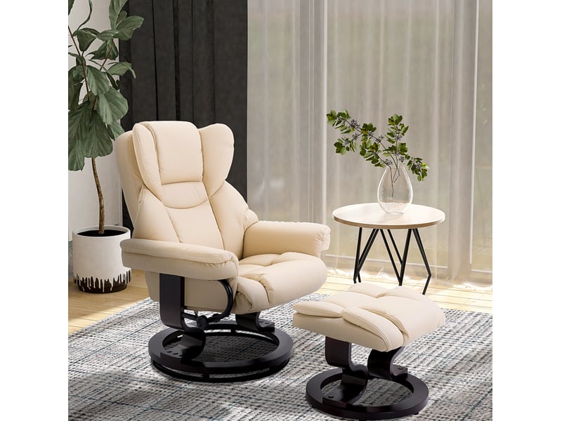 Fauteuil relax pivotant avec dossier inclinable 145° et repose-pieds, en bois et métal crème - Conforama B