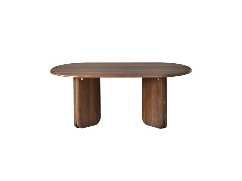  Table basse ovale en mdf aspect noyer (99 × 50 × 40 cm), robuste avec pieds massifs, supportant jusqu'à 40 kg, idéale pour le salon.  - Conforama D