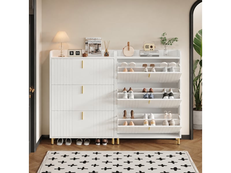 Meuble à chaussures blanc à 3 abattants, lot de 2 meubles étroits avec 6 compartiments et anti-basculement - Conforama B
