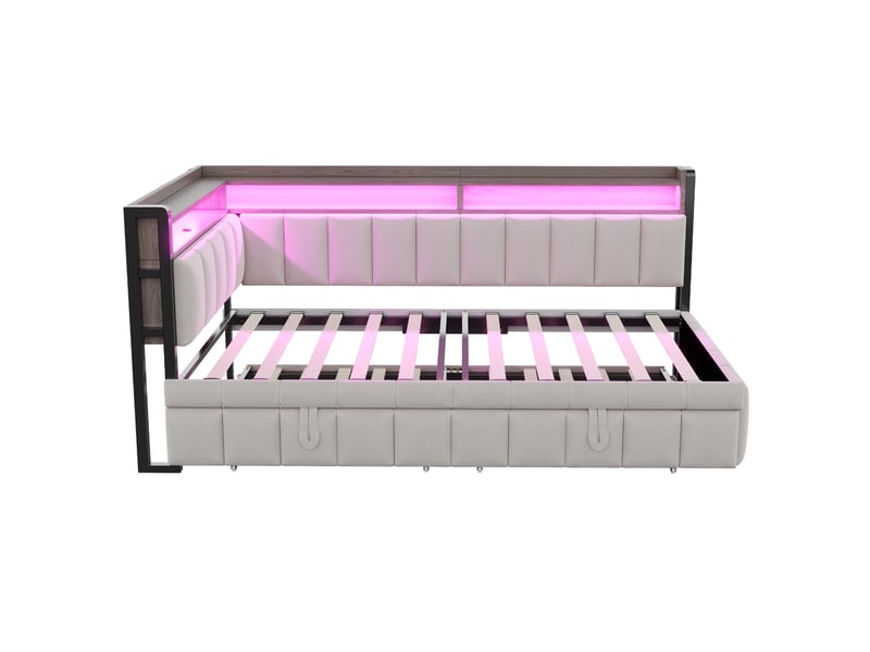  Lit banquette gigogne en velours gris clair 90x200 cm, led, usb-c et rangements  - Conforama A