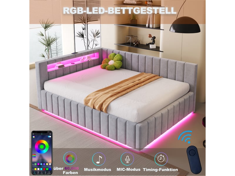  Lit capitonné 140x200 cm gris clair en velours, led, usb, dossier et coffre hydraulique  - Conforama D