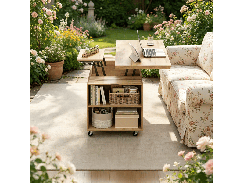  Table basse à plateau relevable, extensible en table à manger, avec tiroir et roulettes, chêne clair  - Conforama R