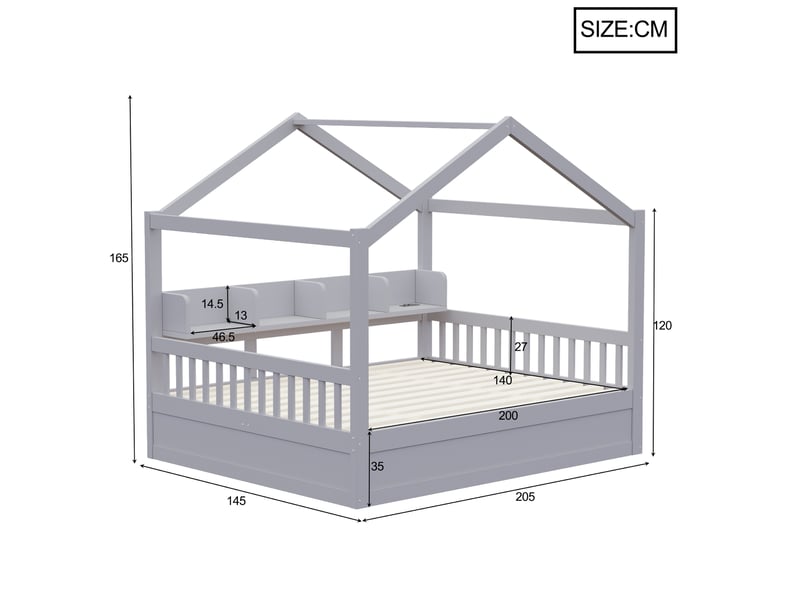  Lit cabane coffre 140x200 cm avec  éclairage et prises, gris, sans matelas  - Conforama C