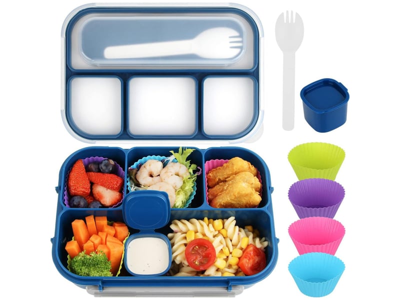  Coffret bento 7 pièces pour adultes et enfants, boîte à lunch à 4 compartiments, ustensiles, pot à sauce, caissettes à muffins, 1300 ml - blue  - Conforama A