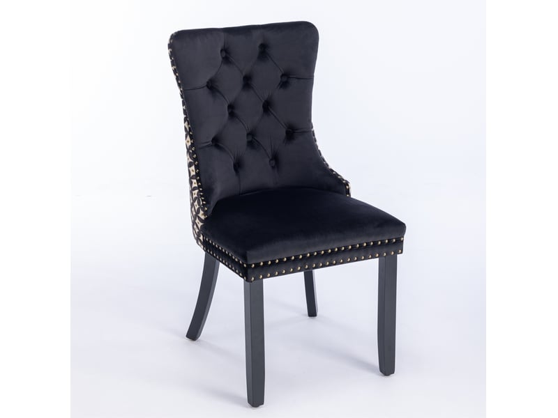 Chaise de salle à manger lot de 2 avec dossier capitonné, anneau et clous décoratifs en velours noir  - Conforama D