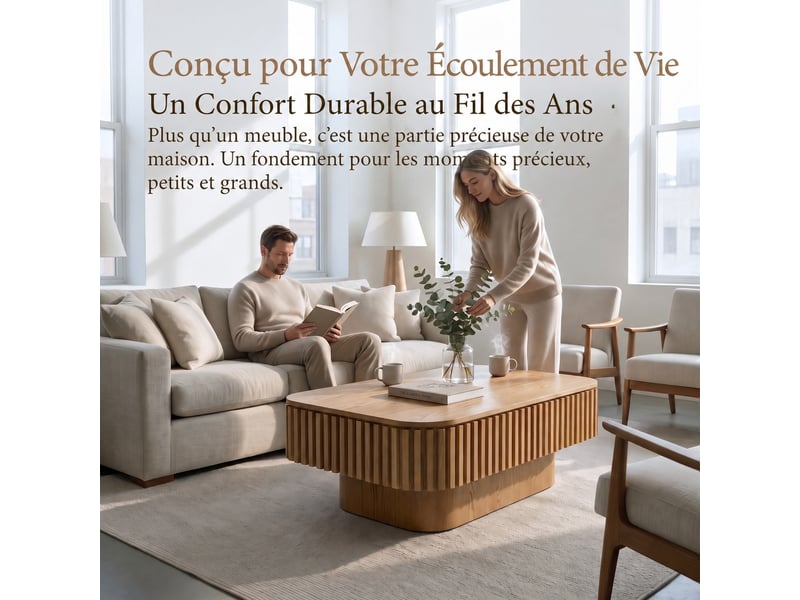  Table basse de salon muvano, table basse rectangulaire 98 cm avec rangement caché et design en bois cannelé naturel  - Conforama D