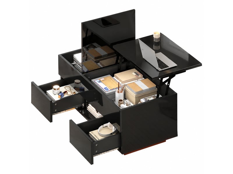  Table basse relevable avec 2 tiroirs, rangement caché et led, 100 x 45 x 43 cm, noir brillant  - Conforama A