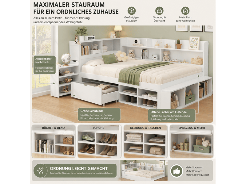  Lit enfant 90 x 190 cm – multifonction avec tiroirs et étagères – blanc  - Conforama E