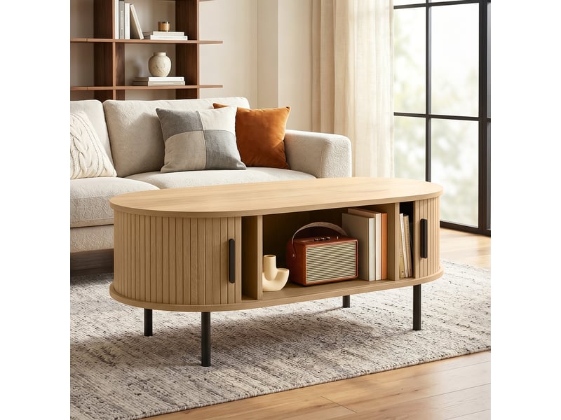  Table basse ovale en bois, table de salon moderne avec portes coulissantes et rangement caché, bois naturel, 100x55x40cm  - Conforama A