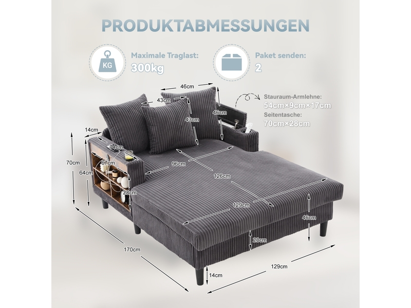  Chaise longue multifonctionnelle en velours côtelé, grand espace de repos, led, port usb, rangement, 3 coussins  - Conforama C