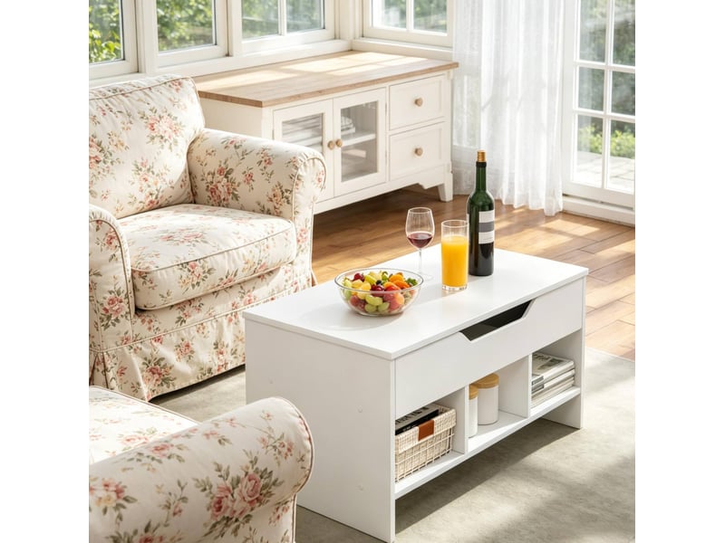  Table basse relevable avec plateau pliant, grand compartiment et 3 niches ouvertes pour salon, blanc, 96 × 45 × 51 cm  - Conforama D
