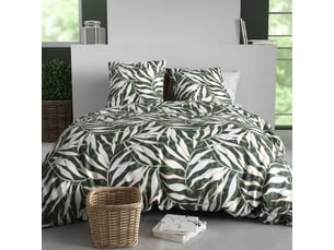 Parure housse de couette 240x220cm + 2 taies motif feuillage vert et blanc 100% coton - filiberte