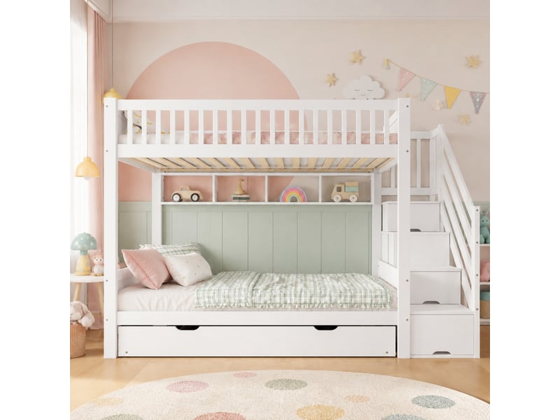  Lit superposé enfant 90x200 cm avec lit gigogne, escalier et armoire, blanc  - Conforama C